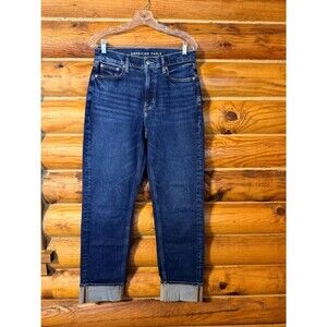 American Eagle Women’s Dark Rinse Super High Rise Cuffed Straight Leg Jeans